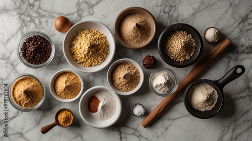 Spices Flat Lay of Baking Ingredients on a Marble Countertop, cooking ingredients, desserts.