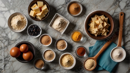 Flat Lay of Baking Ingredients on a Marble Countertop, cooking ingredients, desserts, spices.