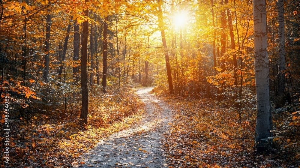 Obraz premium A winding path through a dense forest, adorned with vibrant yellow and orange leaves. Sunlight filters through the branches, casting a golden glow on the fallen leaves