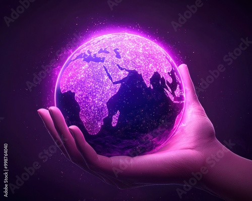 A glowing purple globe held delicately in a hand, symbolizing unity and protection of the planet. photo