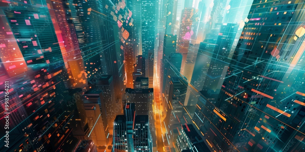 Aerial view of a vibrant, futuristic cityscape illuminated by neon lights at twilight, showcasing a blend of technology and urban life Aerial view of a vibrant, futuristic cityscape illuminated by neon lights at twilight, showcasing a blend of technology and urban life