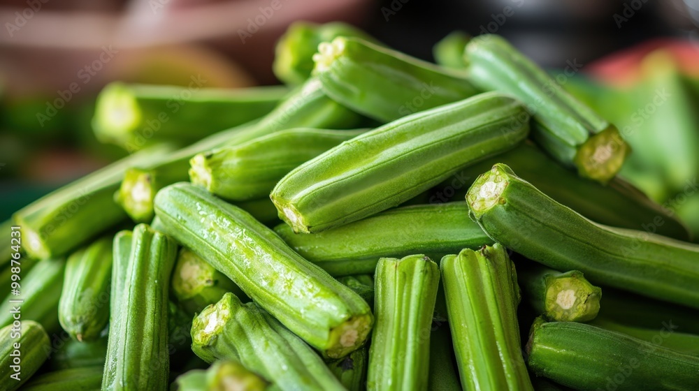 Fresh okra displayed at farmers market, showing detail and texture Fresh okra displayed at farmers market, showing detail and texture