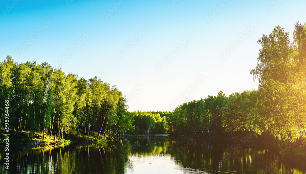 Sunrise or sunset near the pond with birches on a sunny summer day. Vintage film aesthetic. Sunrise or sunset near the pond with birches on a sunny summer day. Vintage film aesthetic.