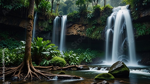 Majestic Waterfall in a Tropical Jungle nature and adventure tree plant.