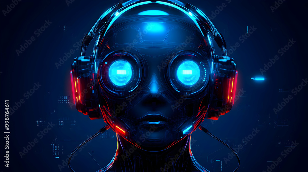 3D Digital Illustration of a Futuristic Robot Head with Glowing Eyes and Headphones, Cyberpunk Concept, Sci-Fi Art, Abstract Background. 3D Digital Illustration of a Futuristic Robot Head with Glowing Eyes and Headphones, Cyberpunk Concept, Sci-Fi Art, Abstract Background.