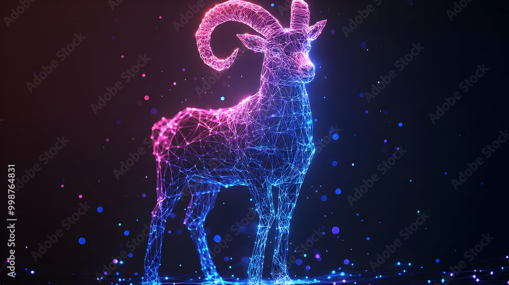 Abstract 3D Illustration of a Goat Composed of Glowing Lines and Points in a Dark Background with Colorful Bokeh Effects Abstract 3D Illustration of a Goat Composed of Glowing Lines and Points in a Dark Background with Colorful Bokeh Effects