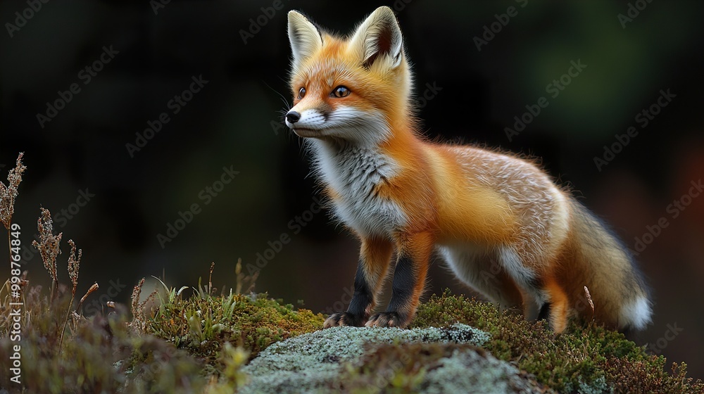 Red Fox Cub Standing On A Rock In The Forest Red Fox Cub Standing On A Rock In The Forest
