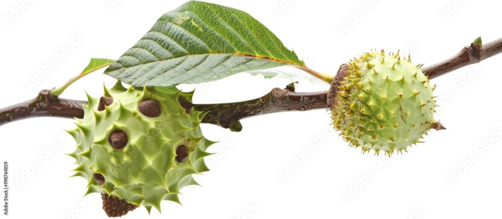 Green Chestnut On Branch Isolated On White Background Green Chestnut On Branch Isolated On White Background