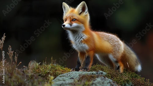 Red Fox Cub Standing On A Rock In The Forest