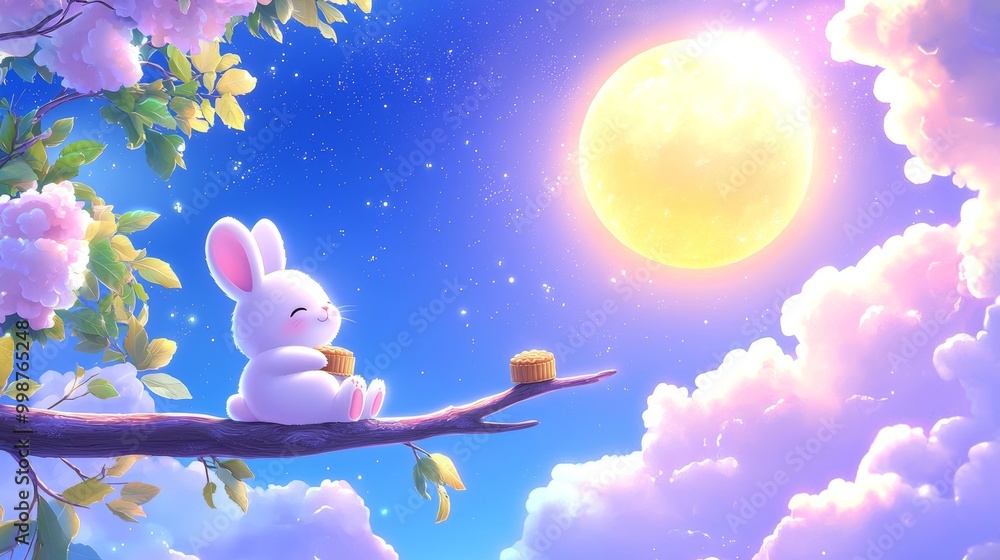 An adorable rabbit sits on an osmanthus tree, holding a mooncake, with a full moon hanging high in the night sky, celebrating Mid-Autumn Festival. Translation: Moon Festival. An adorable rabbit sits on an osmanthus tree, holding a mooncake, with a full moon hanging high in the night sky, celebrating Mid-Autumn Festival. Translation: Moon Festival.