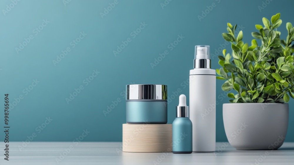 Fototapeta premium Aesthetic Display of Skincare Products and Greenery