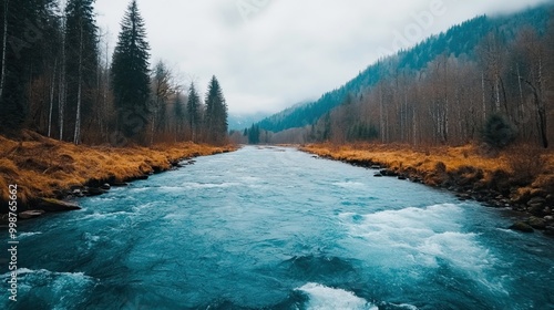 A serene river flows through a forested landscape, bordered by trees and gentle hills. The water reflects the cloudy sky, creating a peaceful atmosphere.