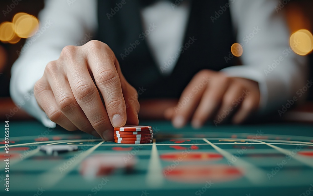 Close-up of a hand placing a red poker chip on a roulette table in a casino, capturing the excitement of gambling and the thrill of chance. Close-up of a hand placing a red poker chip on a roulette table in a casino, capturing the excitement of gambling and the thrill of chance.