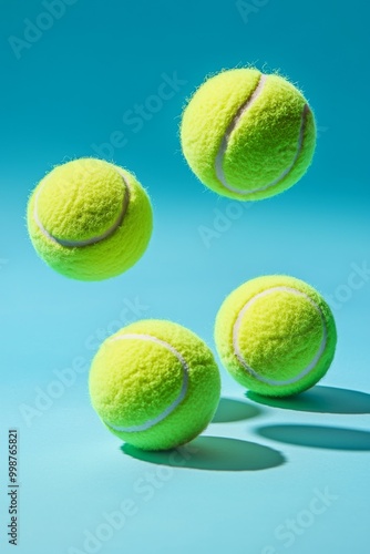 A bright tennis ball flies in the air against a light blue background