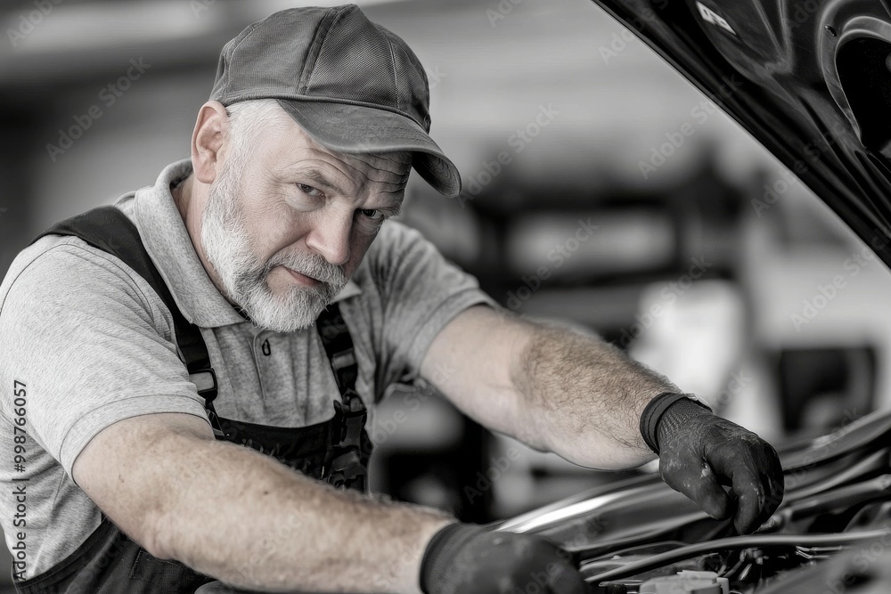 An auto mechanic inspects a car engine in a garage setting An auto mechanic inspects a car engine in a garage setting