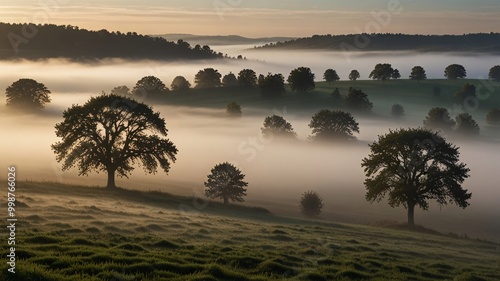 Morning Fog Rolling Over a Quiet Countryside, trees, grass, cool air.