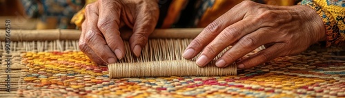 A closeup of hands weaving an intricate tapestry on a loom
