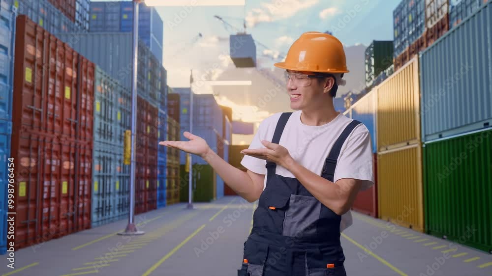 Asian Man Worker Wearing Goggles And Safety Helmet Smiling And Pointing To Side While Standing At Container Yard Warehouse Asian Man Worker Wearing Goggles And Safety Helmet Smiling And Pointing To Side While Standing At Container Yard Warehouse