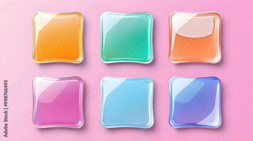 Six Colorful Glass Squares on Pink Background Abstract Design Illustration Six Colorful Glass Squares on Pink Background Abstract Design Illustration