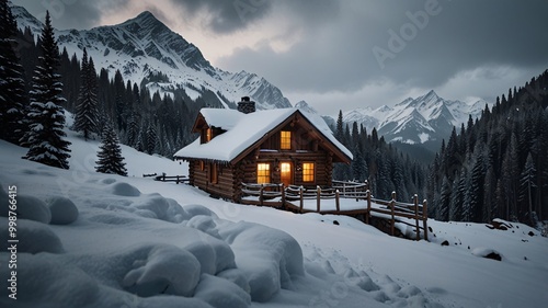 Cabin Covered Mountain in Snow During Winter Relaxation in nature and winter