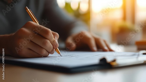 A close-up view of a person writing with a pen on a notepad in warm, natural light, capturing a moment of creativity and focus.