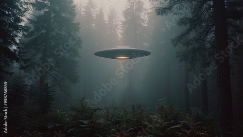 Vintage film photo of UFO flying over a misty forest. Analog photography