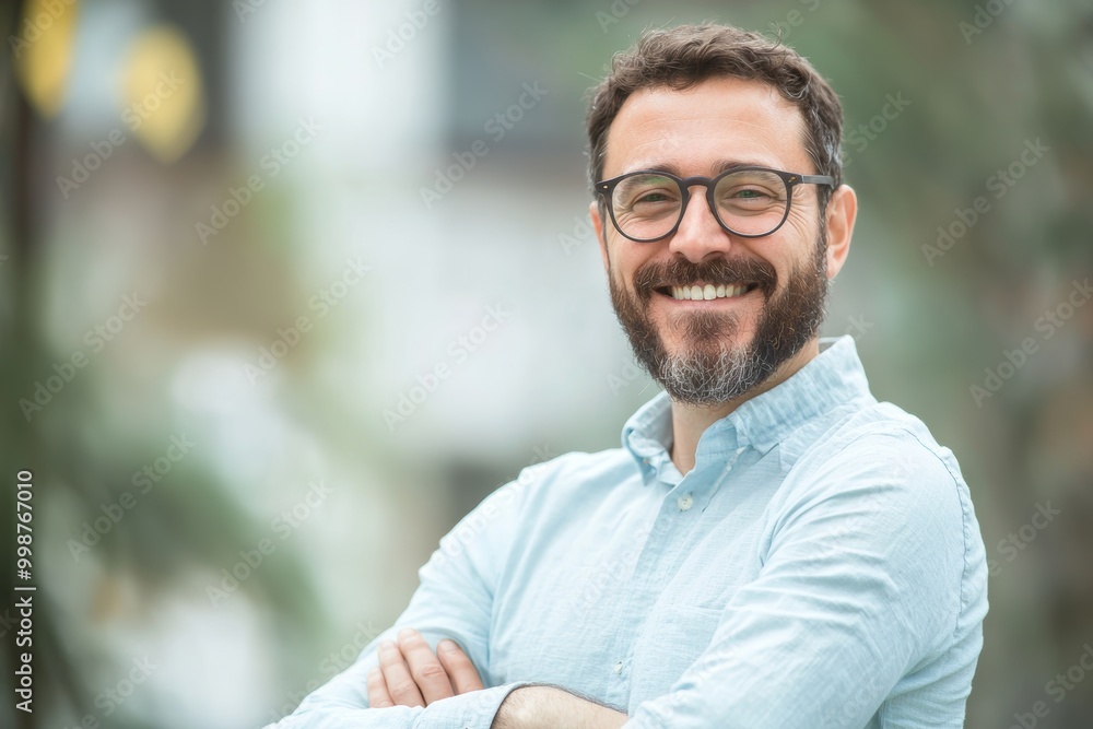 Smiling man with glasses and beard in light blue shirt arms crossed cheerful demeanor neutral expression positive energy ideal for lifestyle and corporate themes. Smiling man with glasses and beard in light blue shirt arms crossed cheerful demeanor neutral expression positive energy ideal for lifestyle and corporate themes.