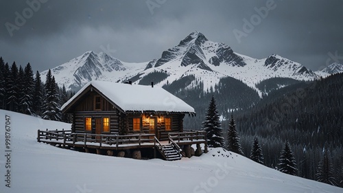 Mountain Cabin Covered in Snow During Winter Relaxation in nature and winter.