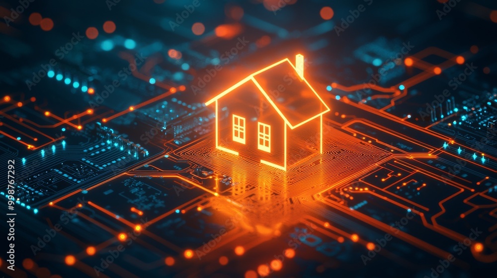 Naklejka premium 3D rendering of an Internet Technology Concept depicting home symbol on an orange neon microchip. Data flows between Users and CPU across a futuristic motherboard.
