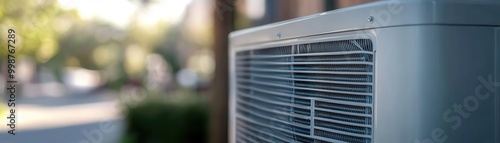 A close-up view of an air conditioning unit against a blurred background, showcasing modern cooling technology in urban living.