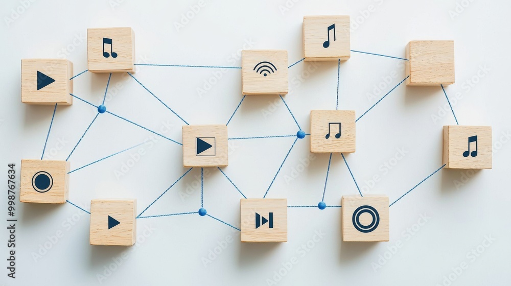 3D rendering of a sound technology concept with a wooden block. Users' networks are represented with blue strings. 3D rendering of a sound technology concept with a wooden block. Users' networks are represented with blue strings.