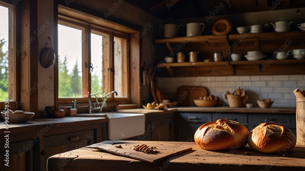 Freshly Baked Bread with Rustic Kitchen on a Wooden Table Food, warmth and simplicity Freshly Baked Bread with Rustic Kitchen on a Wooden Table Food, warmth and simplicity