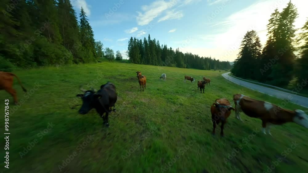 Rural scene with cows grazing in meadow, a peaceful agricultural setting Rural scene with cows grazing in meadow, a peaceful agricultural setting