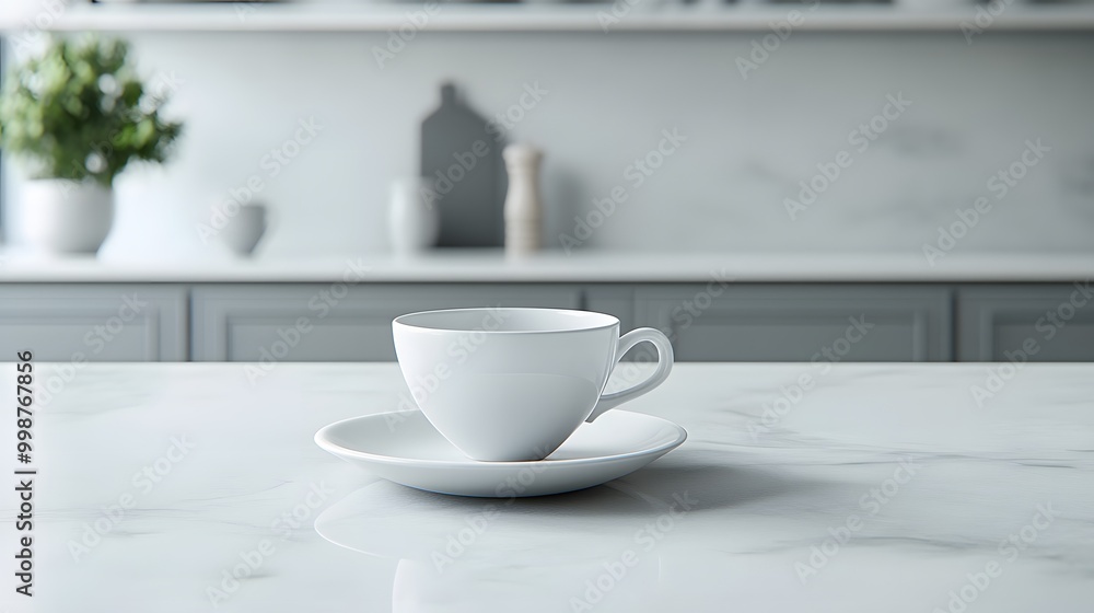 A closeup of a minimalist kitchen table with a simple white cup and saucer, creating a serene and clean atmosphere. A closeup of a minimalist kitchen table with a simple white cup and saucer, creating a serene and clean atmosphere.