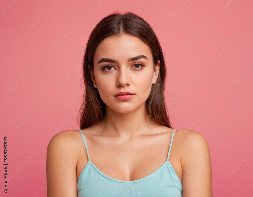 Sadly disgusted young woman isolated pink background with copy space Sadly disgusted young woman isolated pink background with copy space
