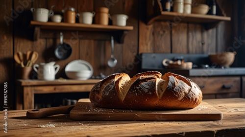 Freshly Baked Bread with Rustic Kitchen on a Wooden Table Food, warmth and simplicity