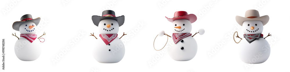 Four festive snowmen in cowboy hats and bandanas, white isolate background. Four festive snowmen in cowboy hats and bandanas, white isolate background.