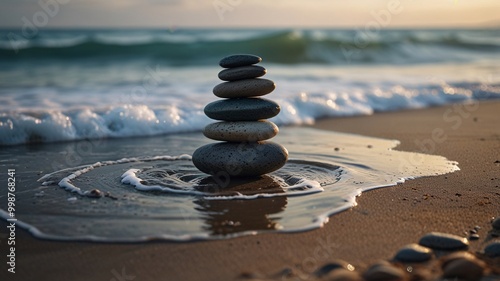 Stones Balanced Serene Zen on a Beach with Ocean Waves Relaxation and serenity in nature, relax, calm down