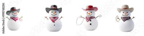 Four festive snowmen in cowboy hats and bandanas, white isolate background.