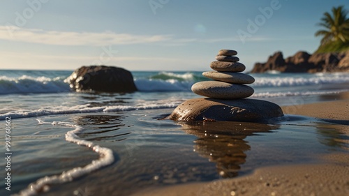 Serene Zen Stones Balanced on a Beach with Ocean Waves Relaxation and serenity in nature, relax, calm down