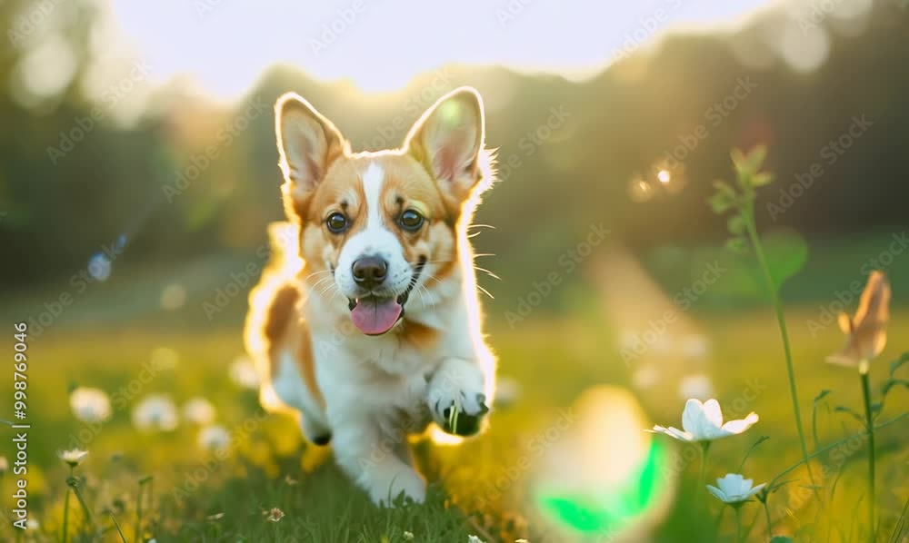 Corgi Running in Clover Field in Spring Corgi Running in Clover Field in Spring