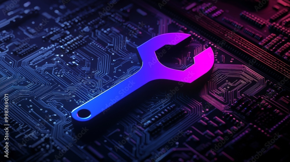 Fototapeta premium Configuration of technology in pink and blue with neon light symbol. The icon is a vibrant colored icon on a black background with a high tech floor. 3D rendering.