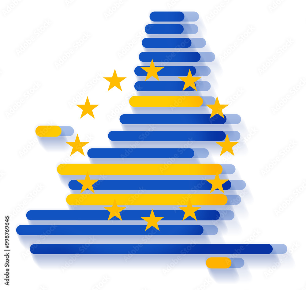 stripes as rounded lines in the shape of the map of Europe, European Union, Europe, in blue and yellow as a symbol as an icon, digital or modern concept, the EU stripes as rounded lines in the shape of the map of Europe, European Union, Europe, in blue and yellow as a symbol as an icon, digital or modern concept, the EU