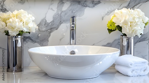 A birds-eye view of a clean and minimalist bathroom with a simple sink, neutral-colored accessories, and a single hand towel, showcasing a peaceful, uncluttered vibe. photo