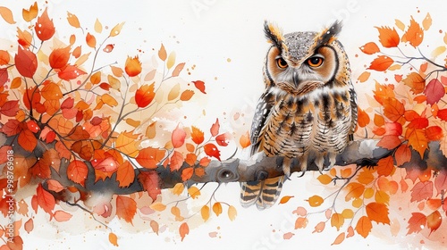 A majestic owl perched on a branch amidst vibrant autumn leaves in orange and red hues. photo