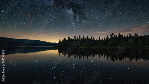 Starry Night Sky Reflected in a Calm Lake Magical and peaceful Astronomy.