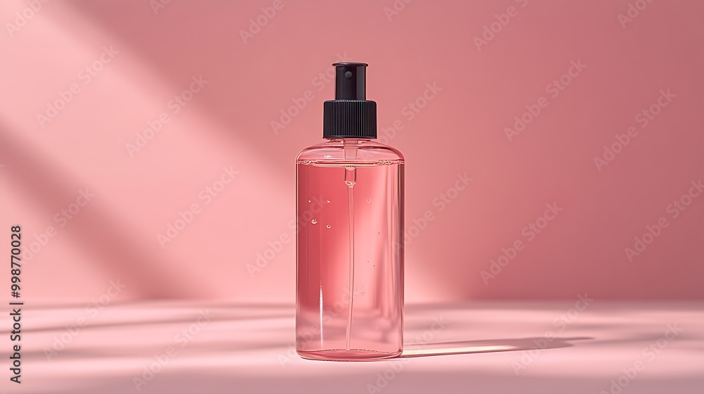 A clear glass bottle with a black pump top filled with pink liquid sits on a pink surface with sunlight shining on the bottle. A clear glass bottle with a black pump top filled with pink liquid sits on a pink surface with sunlight shining on the bottle.