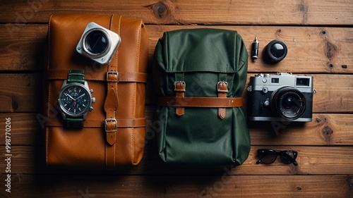 Stylish Flat Lay of Travel Essentials on a Wooden Background passport, camera, travel.