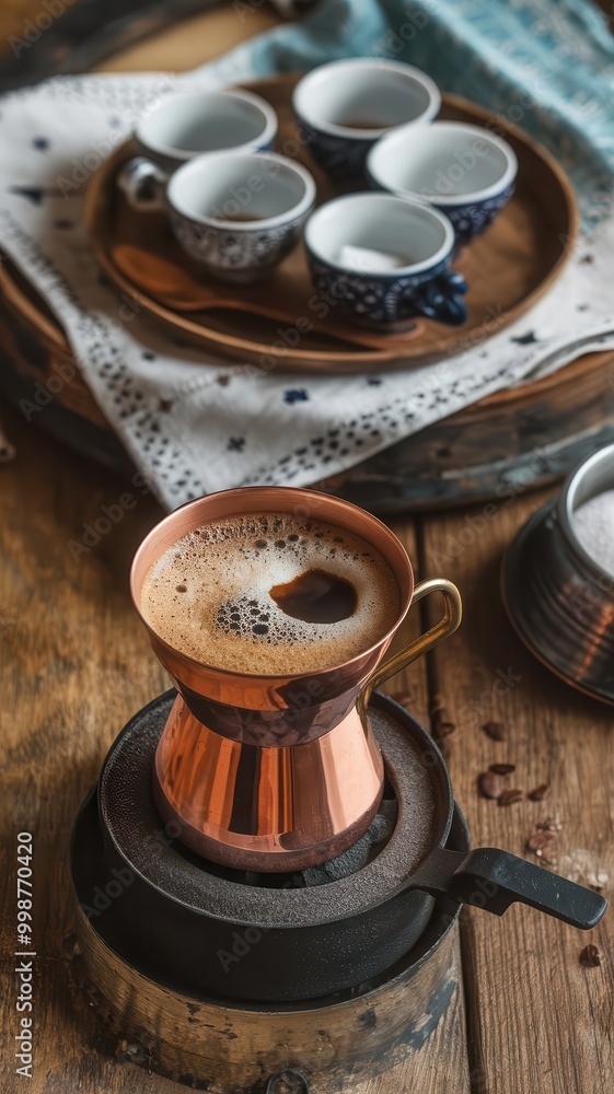 Traditional Turkish coffee brewing setup with copper kettle and floral cups Traditional Turkish coffee brewing setup with copper kettle and floral cups