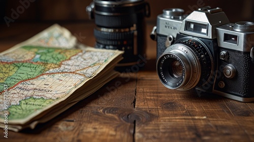 Map and Vintage Camera on a Rustic Wooden Table Paper Travel Photo Storage